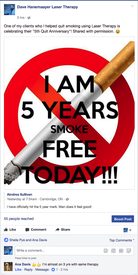 Facebook testimonial for laser therapy to quit smoking.